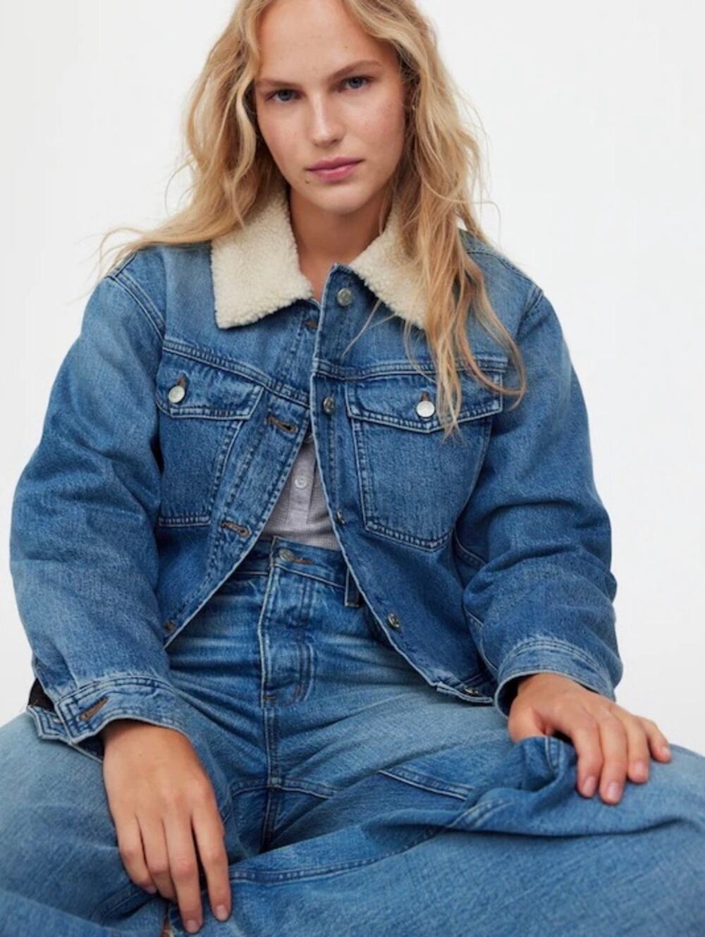 Madewell Sherpa-Lined Denim Trucker Jacket Blue Size M